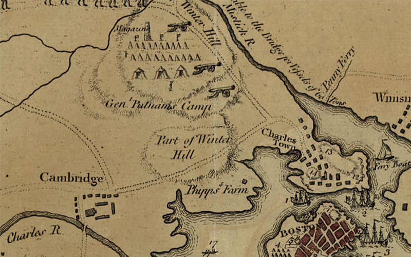 The Powder House ("Magazine") is near the northern edge of this detail from a 1775 map of the Siege of Boston.